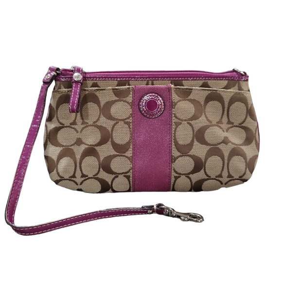 COACH Signature Stripe Large Wristlet Wallet Khaki Berry F47706 - Picture 2 of 16